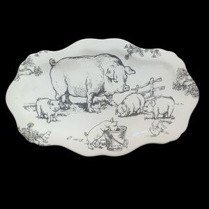 Barnyard Toile 20" Oval Serving Platter By Sadek Black White Pigs Farm Animals